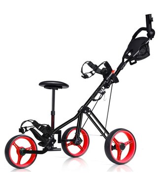 Coast Coast Golf Duwkar - 3 Wielen - Draaibare Opvouwbare Duw Trek Golftrolley met Zitting - Scorebord - Bekerhouder - Parapluhouder - Voetrem - Rood