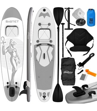 Physionics Goodvibes - Opblaasbare Sup - Stand Up Paddle Board met Kayak Zitting - Verstelbare Peddel - Handpomp met Manometer - Komt met een Rugzak/Reparatieset/Camera houder - Supboard set - Surfboard - 305cm - Zilver