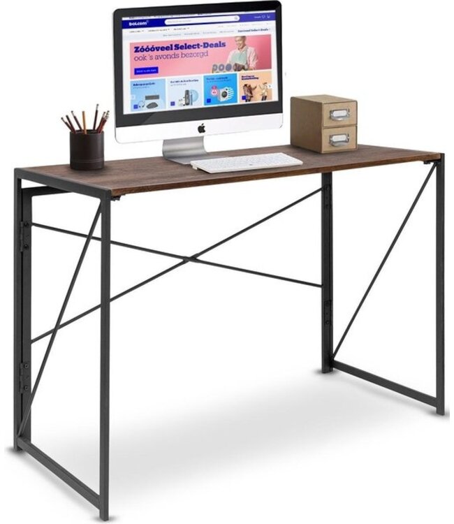 LifeGoods Opklapbaar Bureau - met Kabelgoten - 100 x 75 x 50 cm - Hout/Staal - Bruin/Zwart