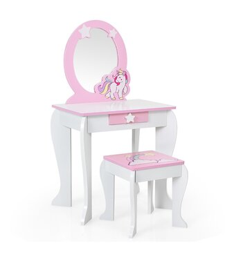 Coast Coast Houten Kinderkaptafel met Krukje & Spiegel  - Wit/Roze Eenhoorn - 49 x 35,5 x 89,5 cm