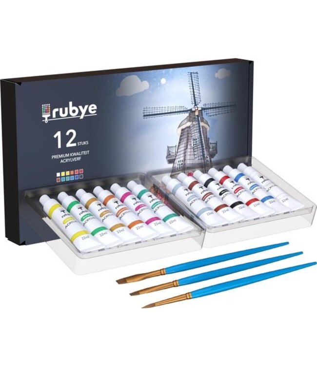 Rubye® Acrylverf - Schilderen - Verf - Penselen - Hobby en Creatief - Schilderen op Nummer - 22ML Tubes - 12 Kleuren