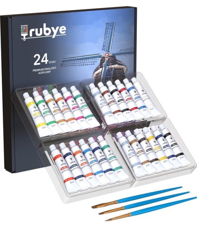 Rubye® Acrylverf - Schilderen - Verf - Penselen - Hobby en Creatief - Schilderen op Nummer - 22ML Tubes - 24 Kleuren