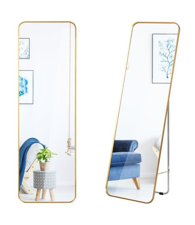 Coast Wandspiegel met Standaard - Geschikt voor Muurbevestiging - 40 cm x 130 cm - Staal + Glas - Goud