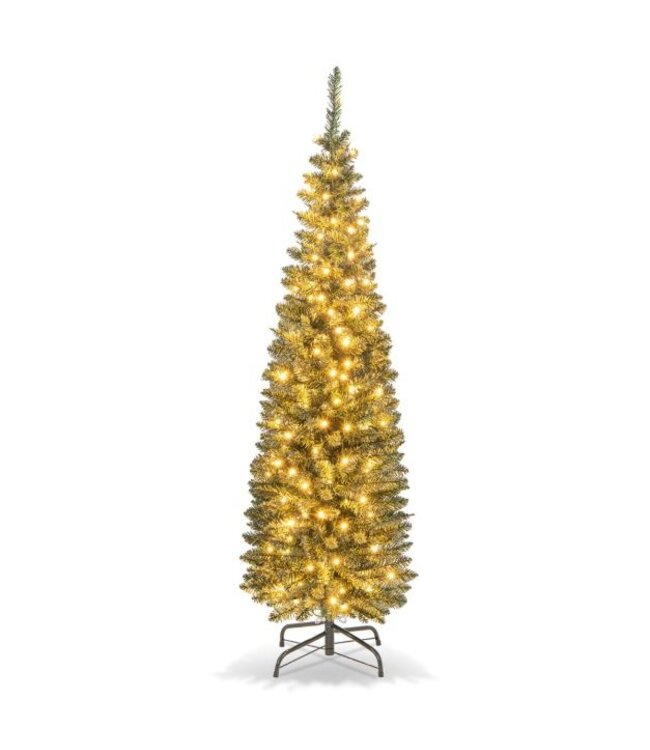 Coast Kunstkerstboom van 150 cm Verlichte Potloodvormige Kerstboom met 296 Takpunten 150 Warmwitte LED-Verlichting en Metalen Standaard