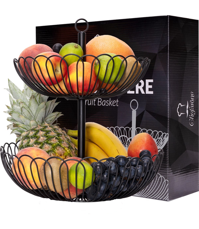 Chefarone Fruit Etagère - Fruitmand – Fruitschaal – Groentemand – Opberger – 2 Laags – Metaal - Zwart