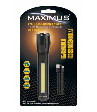 Maximus Oplaadbare LED zaklamp met 3W power LED en 3W COB LED