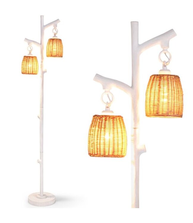 Coast Vloerlamp met 2 Rieten Lampenkappen - Dimbaar - Wit - 32 x 25 x 165 cm