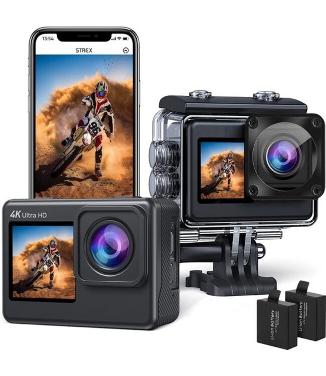 Strex Action Camera 4K 24MP - 60FPS / 30M Waterdicht / WiFi - Inclusief 20 accessoires - Actiecamera - Onderwatercamera