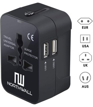 Northwall Northwall Universele Wereldstekker met 2 Fast Charge USB Poorten - Internationale Reisstekker voor 150+ Landen - Engeland, Amerika, Zuid Afrika, USA, ItaliÃ«, Uk, AustraliÃ«, India, ...
