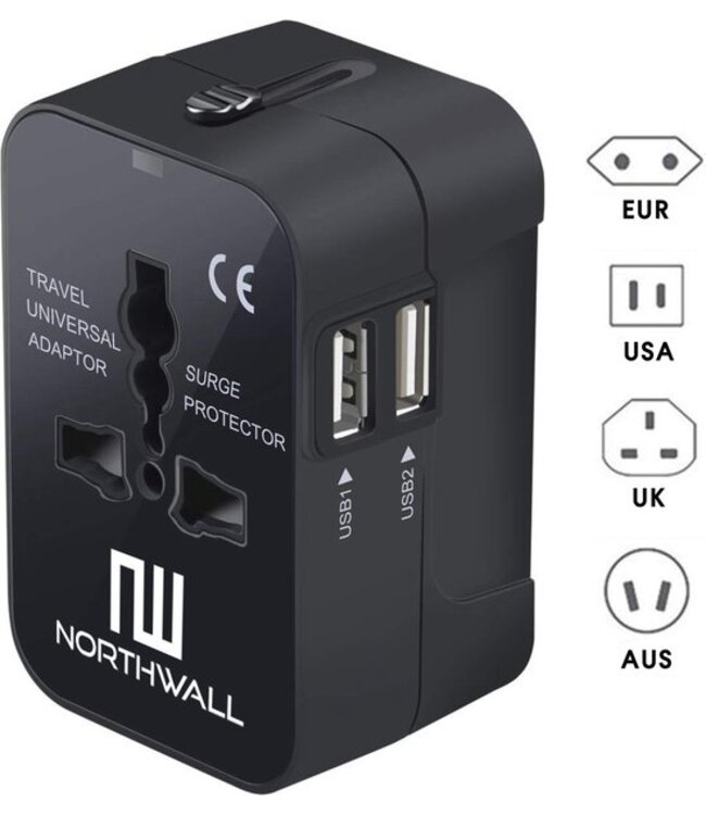 Northwall Universele Wereldstekker met 2 Fast Charge USB Poorten - Internationale Reisstekker voor 150+ Landen - Engeland, Amerika, Zuid Afrika, USA, ItaliÃ«, Uk, AustraliÃ«, India, ...