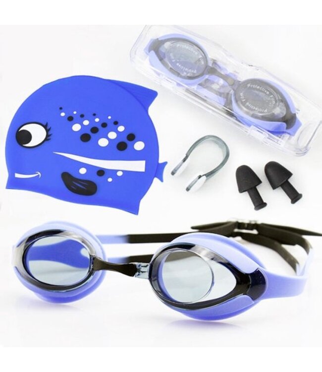 Duikbril Kinderen - Zwembril Kinderen Set met Badmuts en Neusknijper - Blauw