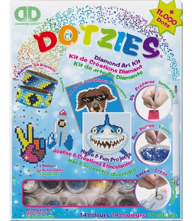 DIAMOND DOTZ - Megapack DOTZIES 6-delig - Diamond Painting - 2 Foto's 15 x 15 cm, 2 Armbandjes, 2 Stickers - 11.000+ Dotz - Complete DIY Set Voor Kinderen Vanaf 8 Jaar - Blauw