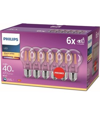 Philips Philips energiezuinige LED Lamp Transparant - 40 W - E27 - warmwit licht - 6 stuks - Bespaar op energiekosten