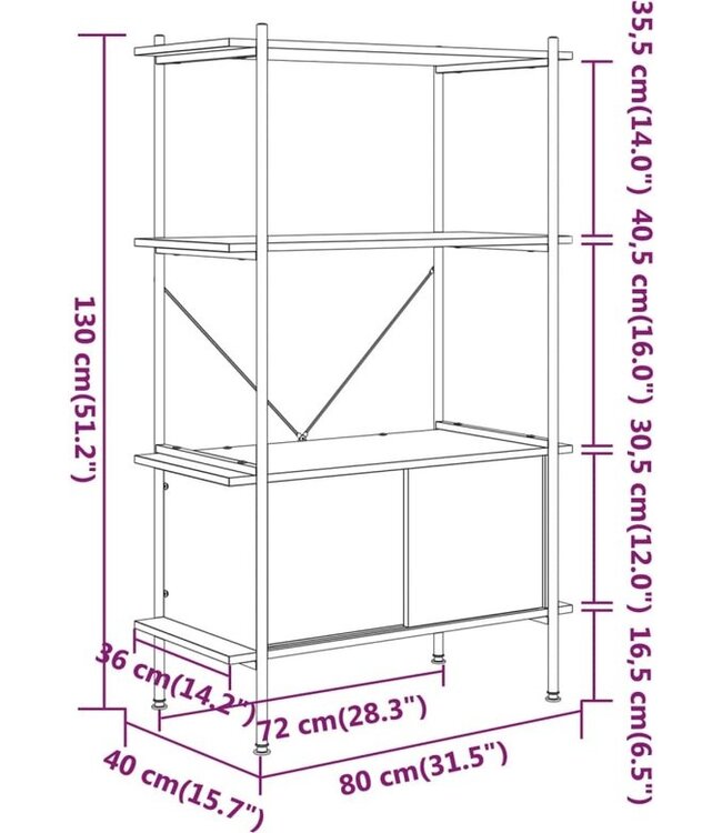 vidaXL-Opbergrek-4-laags-met-kast-80x40x130-cm-staal-en-bewerkt-hout