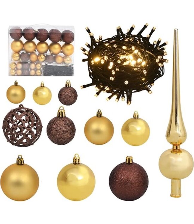 vidaXL - 61 - delige - Kerstballenset - met - piek - en - 150 - LED's - goud - en - brons
