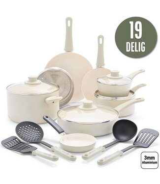 Coock COOCK 19-Delige Pannenset - Speciale Anti-Aanbak Coating - Ergonomische Handgrepen - Gerecycled Aluminium- Wit - Inclusief Onderzetters en E-book