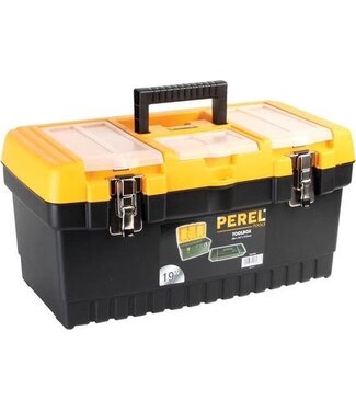 Perel Perel Gereedschapskoffer, polypropyleen, met verwijderbare inlegbak, 3 organizers in het deksel, inklapbaar handvat en metalen sluitingen, zwart/geel, 486 x 267 x 242 mm