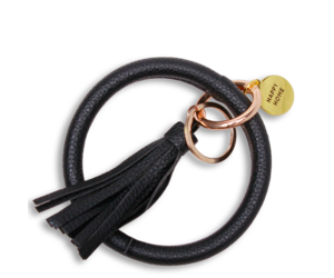 Luxury keychain in black leather with tassel and coin 'Happy Home