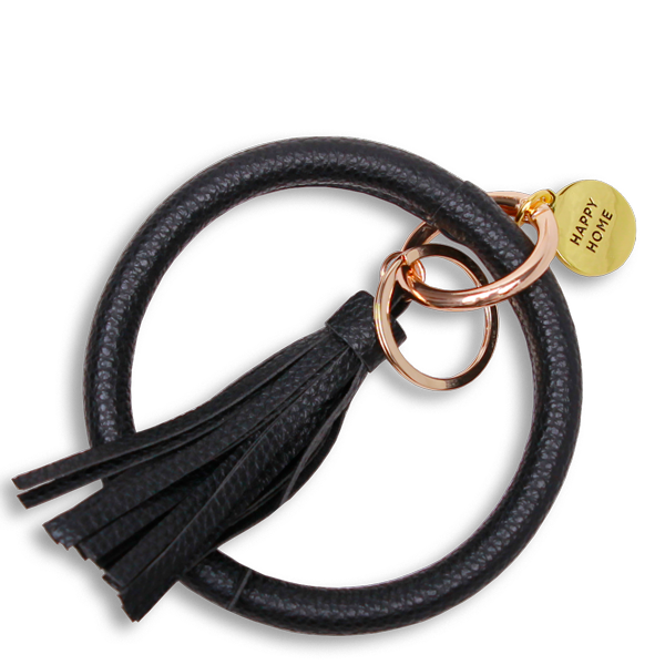 Luxe sleutelhanger van zwart leer met kwastje en munt 'Happy Home