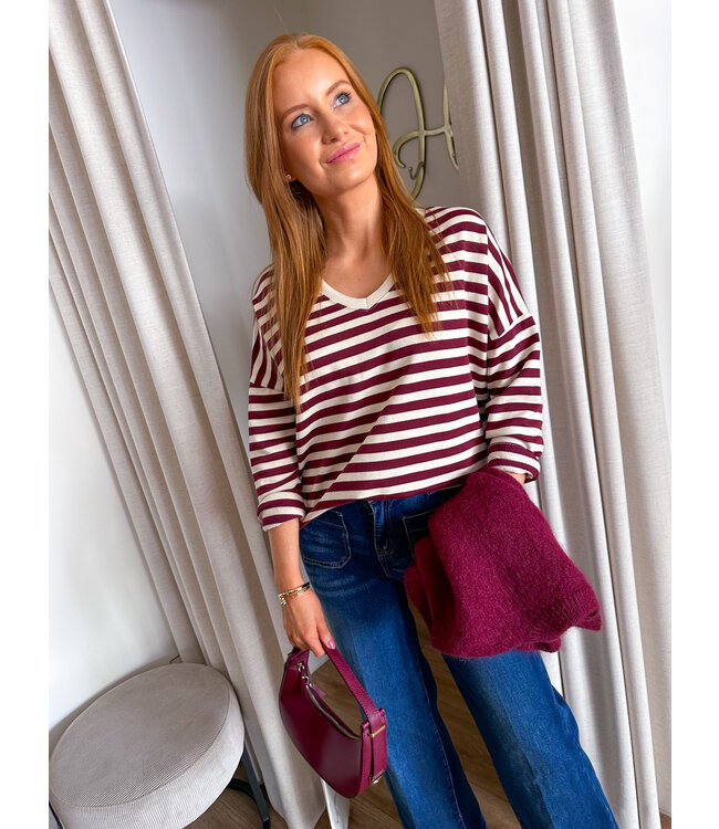 Striped V Tee - Burgundy