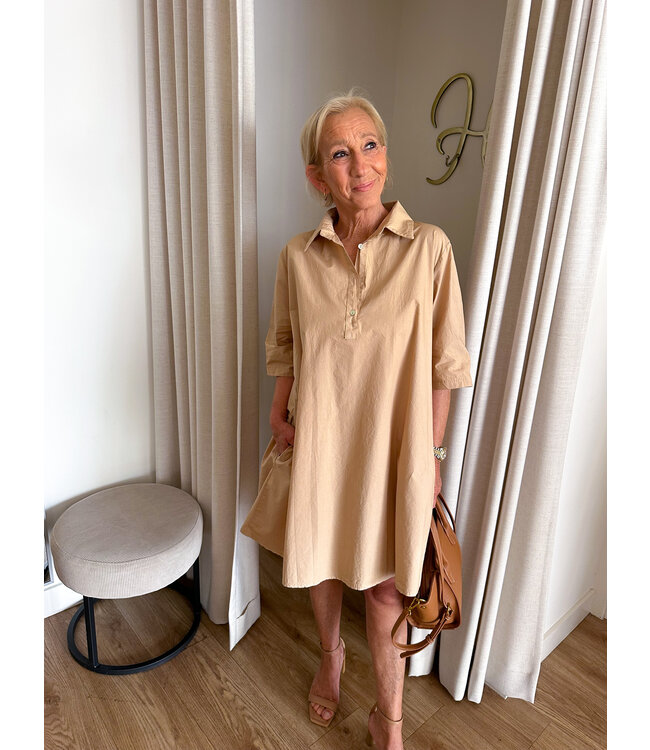 Cotton collar shirt dress - Camel
