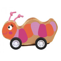 rups op wielen pull-back 7,5 x 7 cm hout oranje/roze