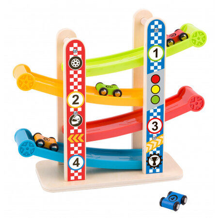 Tooky Toy racebaan junior hout naturel/rood/blauw 5-delig