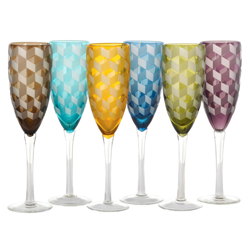 Pols Potten - Champagneglazen Blocks Multicolor 7x24cm set van 6 Pols Potten - Champagneglazen Blocks Multicolor 7x24cm set van 6