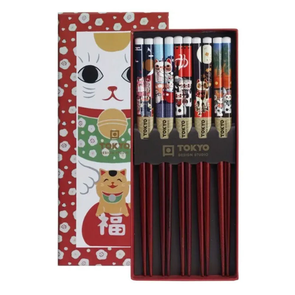 Melting Pot - Chopsticks Lucky Cats Rood (set/5) in cadeau doos