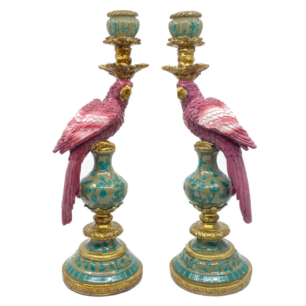 Werns - Kandelaar Papegaai Donker Roze met Gouden Details 14x40cm - Decoratieve Kaarsenhouder Werns - Kandelaar Papegaai Donker Roze met Gouden Details 14x40cm - Decoratieve Kaarsenhouder