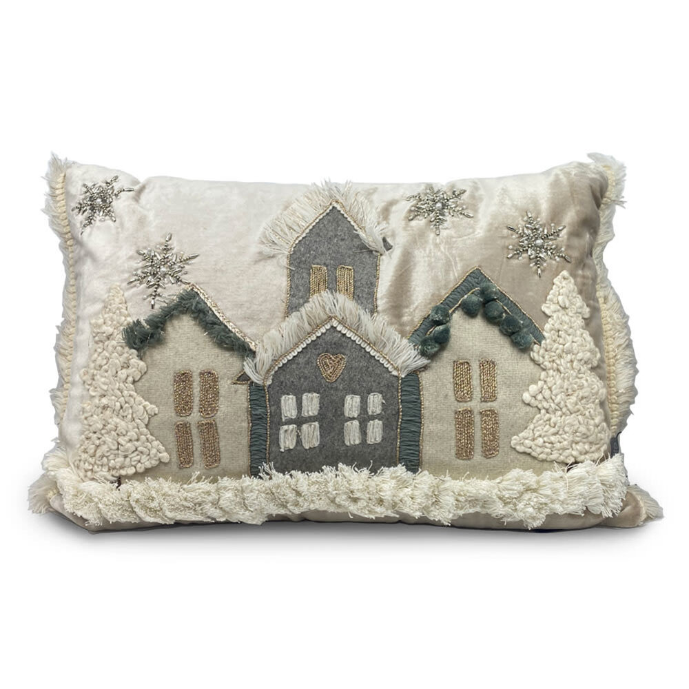 Sierkussen Kerst Huisjes Velours Champagne 50x35cm bestellen en kopen