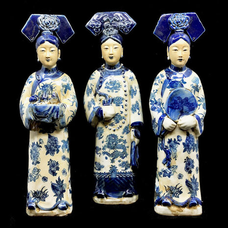 Melting Pot - Handgemaakt Beeld Chinese Keizerin met Theeservies Blauw-Wit Porselein 8x32cm