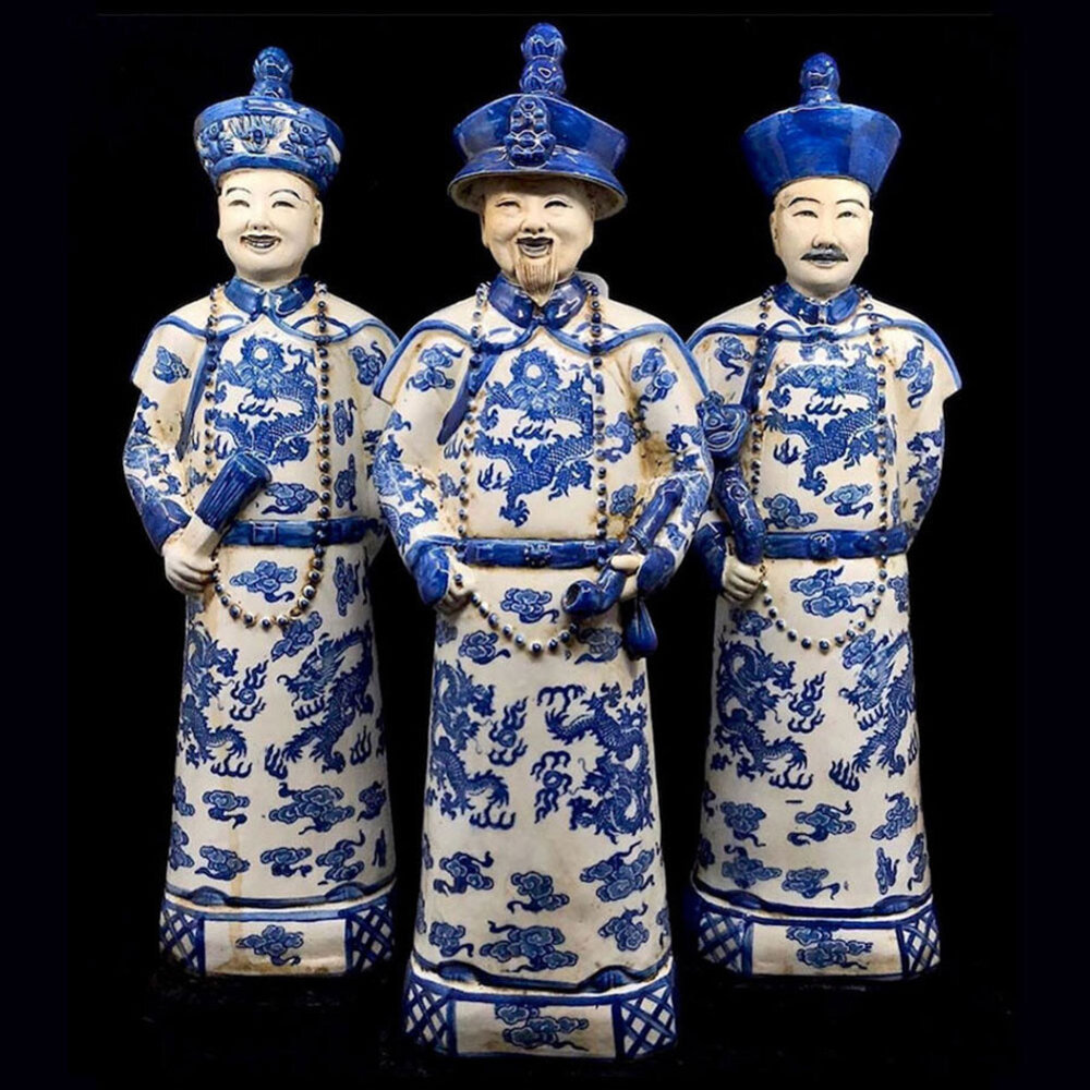 Melting Pot - Beeld Chinese Keizer Grootvader Staand Blauw Wit 12x45cm Melting Pot - Beeld Chinese Keizer Grootvader Staand Blauw Wit 12x45cm