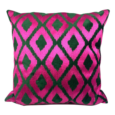 Colmore - Sierkussen Fuchsia/Groen Fluweel 50x50cm geborduurd Colmore - Sierkussen Fuchsia/Groen Fluweel 50x50cm geborduurd