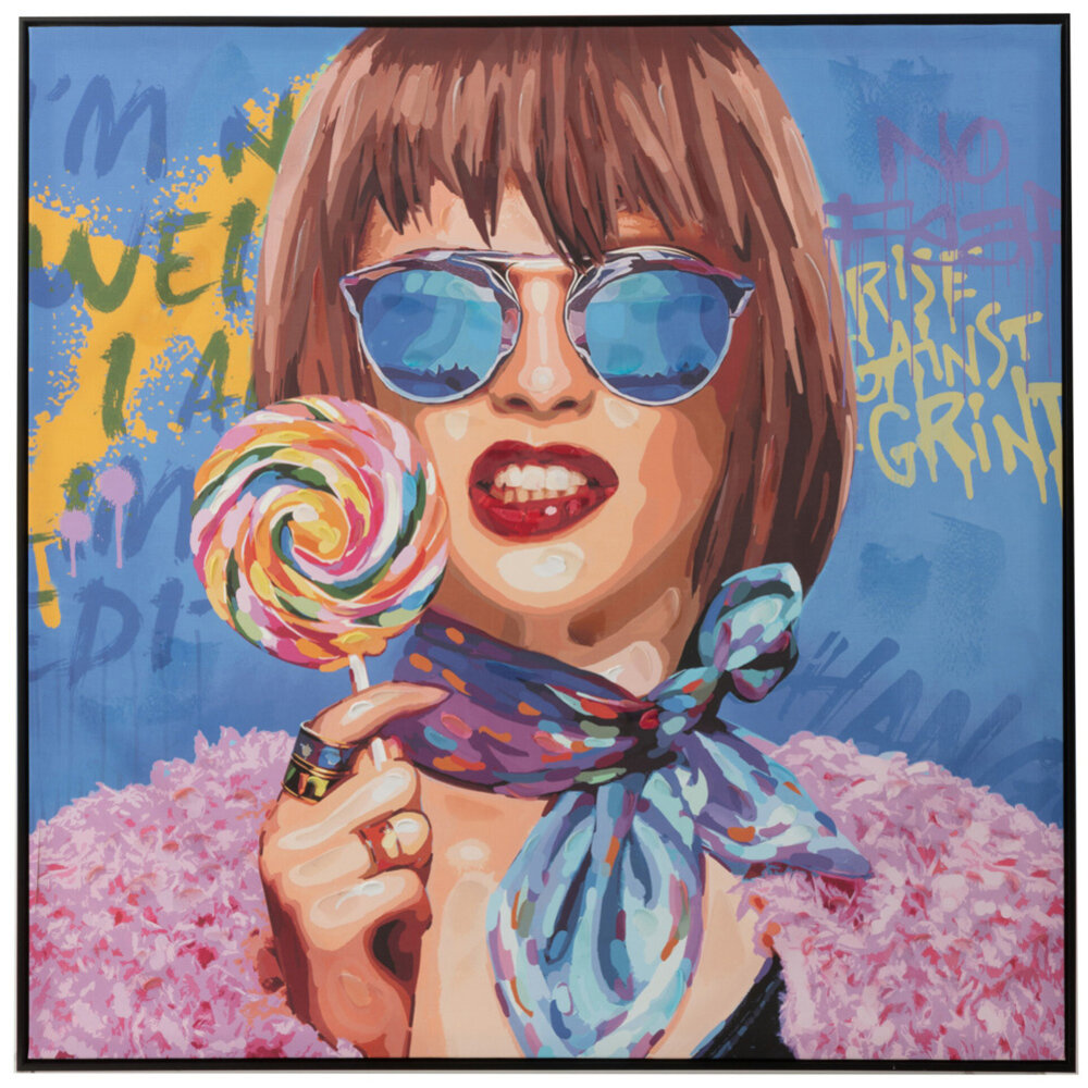 Melting Pot - Schilderij Graffiti Vrouw met Lolly Canvas 100x100cm ingelijst Melting Pot - Schilderij Graffiti Vrouw met Lolly Canvas 100x100cm ingelijst
