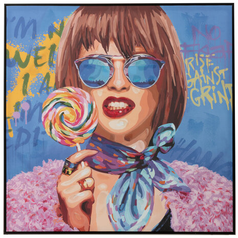 Melting Pot - Schilderij Graffiti Vrouw met Lolly Canvas 100x100cm ingelijst Melting Pot - Schilderij Graffiti Vrouw met Lolly Canvas 100x100cm ingelijst