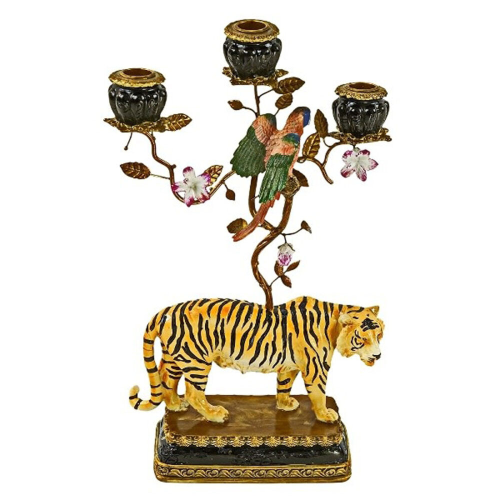 Werns - Kandelaar Tijger met Papegaaien Multicolor – Polyresin & Metaal 24x11x42cm 3-houders Werns - Kandelaar Tijger met Papegaaien Multicolor – Polyresin & Metaal 24x11x42cm 3-houders