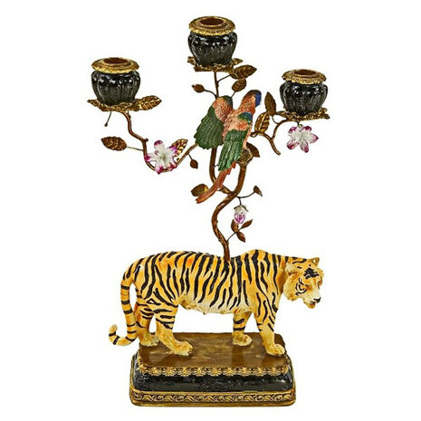 Werns - Kandelaar Tijger met Papegaaien Multicolor – Polyresin & Metaal 24x11x42cm 3-houders Werns - Kandelaar Tijger met Papegaaien Multicolor – Polyresin & Metaal 24x11x42cm 3-houders