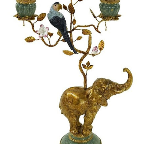 Werns - Kandelaar Olifant met Papegaai Multicolor Jade Goud – Polyresin & Metaal 26x11x46,5cm 3-houders
