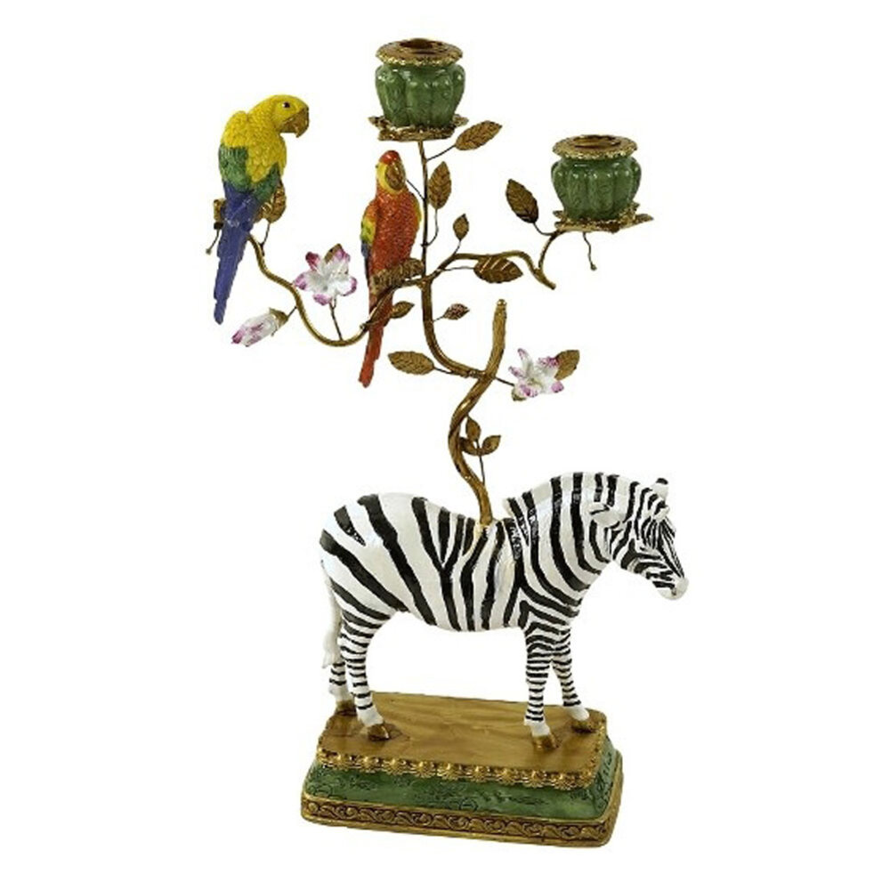 Werns - Kandelaar Zebra met Papegaaien Multicolor – Polyresin & Metaal 27x9x45cm 2-houders Werns - Kandelaar Zebra met Papegaaien Multicolor – Polyresin & Metaal 27x9x45cm 2-houders