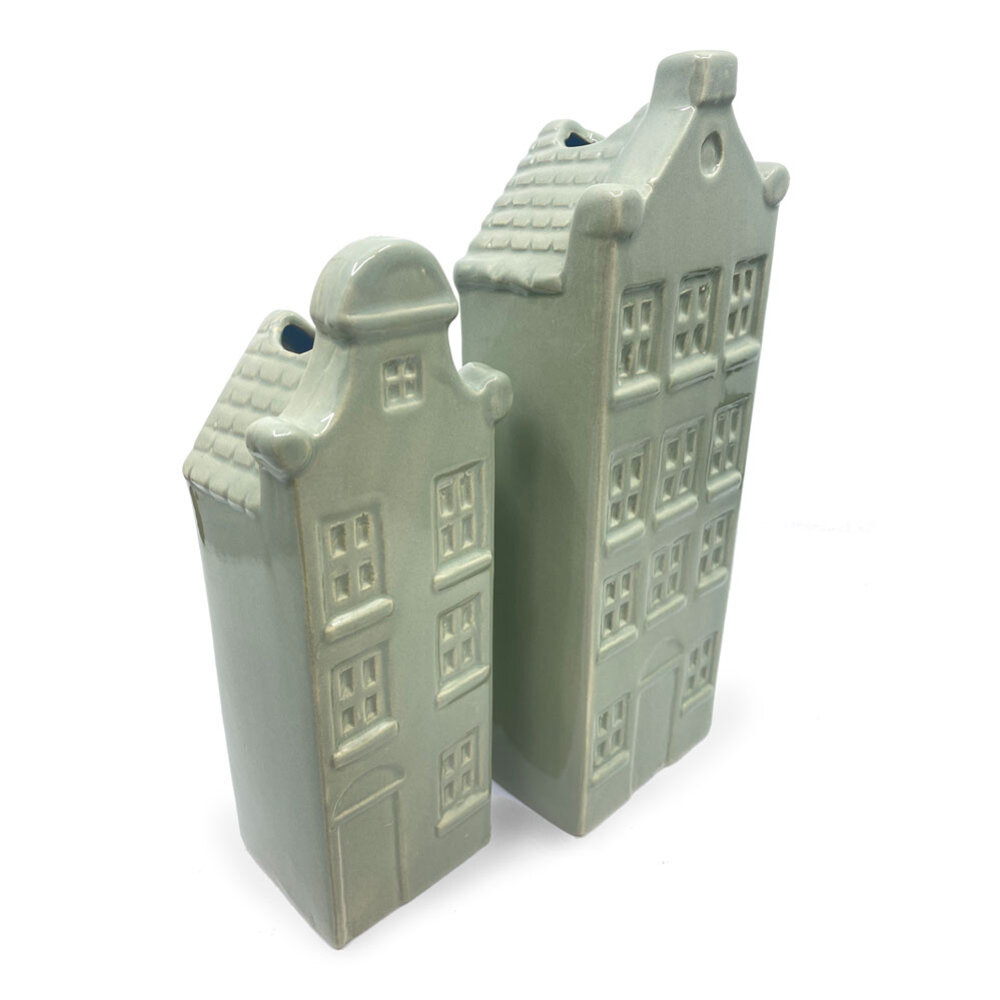 Melting Pot - Vaasjes Grachtenhuis Grijs Groen Set/2 in 3 maten Melting Pot - Vaasjes Grachtenhuis Grijs Groen Set/2 in 3 maten