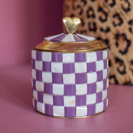 Melting Pot - Doosje Hart Paars-Wit Geblokt Messing 10x12cm Melting Pot - Doosje Hart Paars-Wit Geblokt Messing 10x12cm