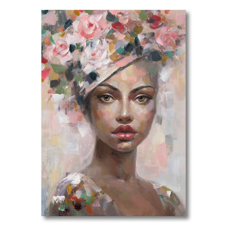 Melting Pot - Schilderij Vrouw met Bloemenhoed op Canvas 70x100cm Melting Pot - Schilderij Vrouw met Bloemenhoed op Canvas 70x100cm