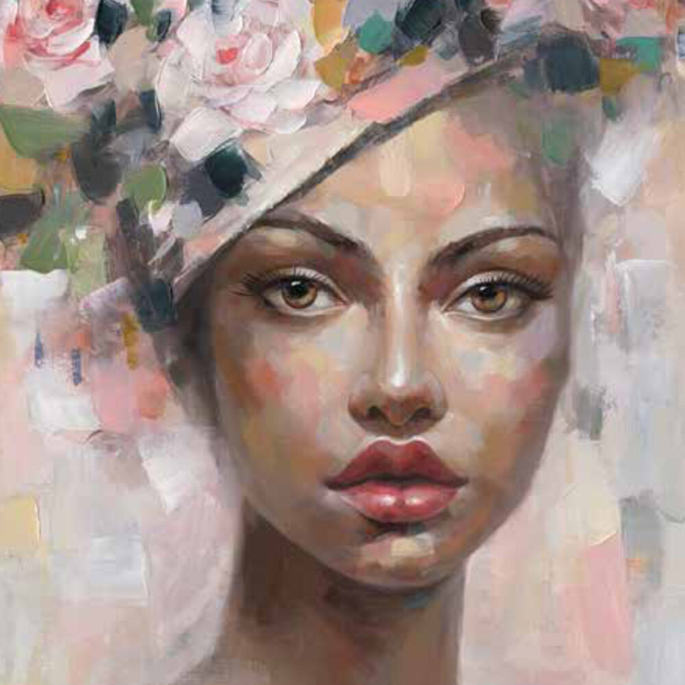 Melting Pot - Schilderij Vrouw met Bloemenhoed op Canvas 70x100cm Melting Pot - Schilderij Vrouw met Bloemenhoed op Canvas 70x100cm