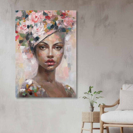Melting Pot - Schilderij Vrouw met Bloemenhoed op Canvas 70x100cm Melting Pot - Schilderij Vrouw met Bloemenhoed op Canvas 70x100cm