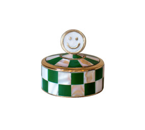 Melting Pot - Doosje Smiley Groen-Wit Geblokt Messing 7x7cm Melting Pot - Doosje Smiley Groen-Wit Geblokt Messing 7x7cm