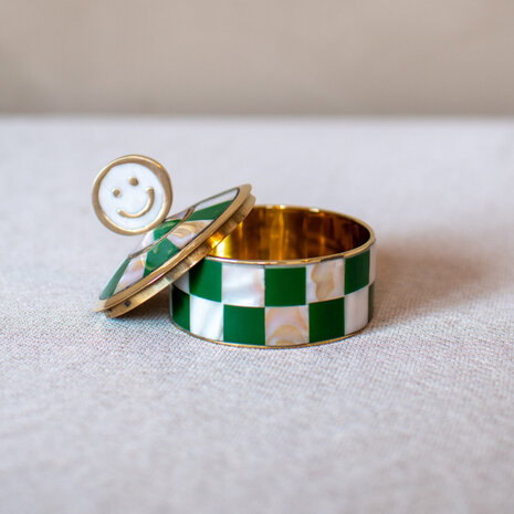 Melting Pot - Doosje Smiley Groen-Wit Geblokt Messing 7x7cm