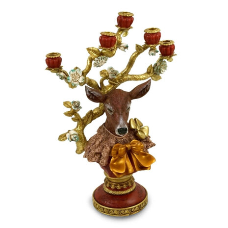 Werns - Kandelaar Hert met Amberkleurige Strik Polyresin 44x60cm met 5 armen Werns - Kandelaar Hert met Amberkleurige Strik Polyresin 44x60cm met 5 armen
