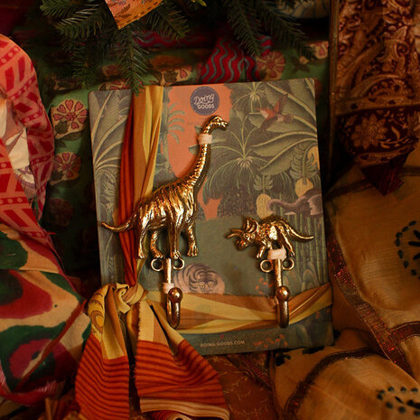 Doing Goods - Wandhaken Dean Dinosaurus Messing set van 2 - 9x6cm + 10x7cm