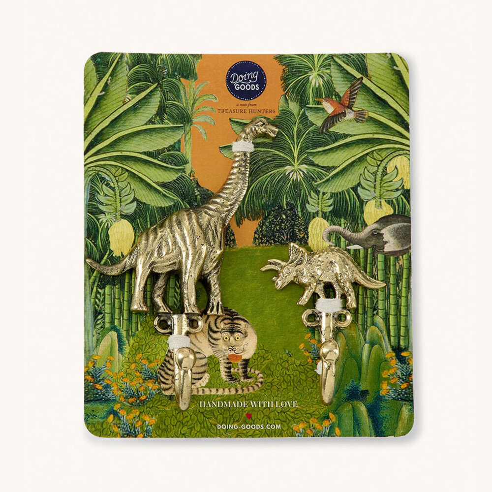 Doing Goods - Wandhaken Dean Dinosaurus Messing set van 2 - 9x6cm + 10x7cm